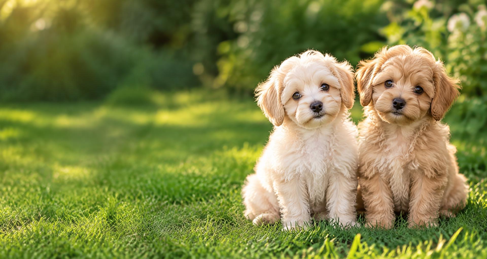 Dos cachorros Maltipoo crema y apricot en un jardín, imagen ilustrativa